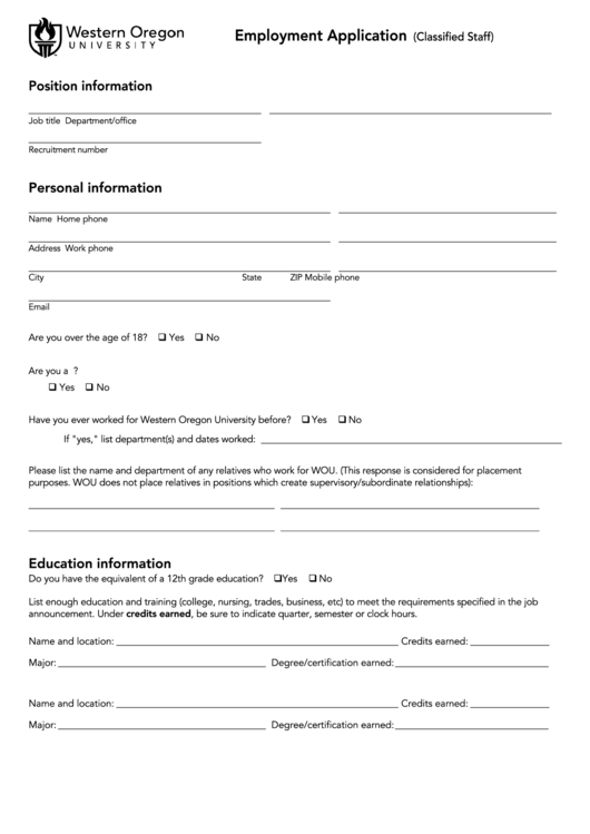 Fillable Employment Application Form (Classified Staff) Printable pdf