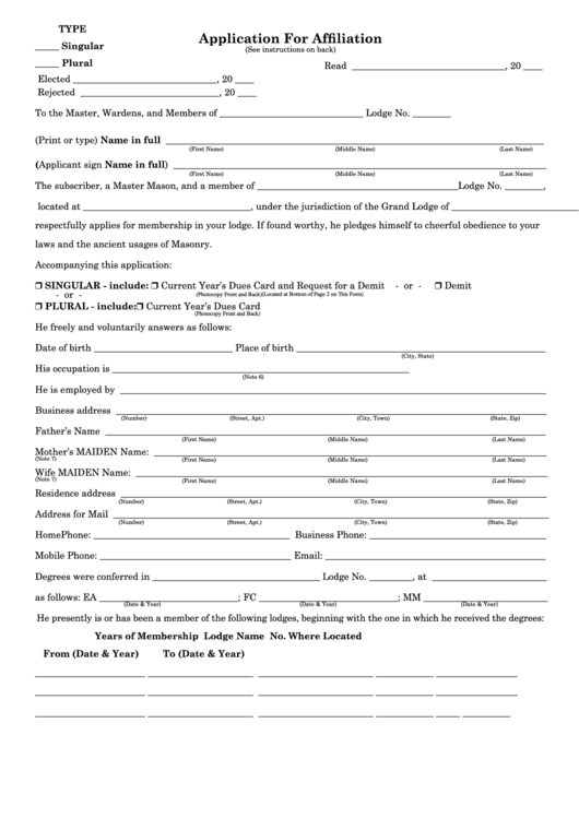 Application For Affiliation Form Printable pdf