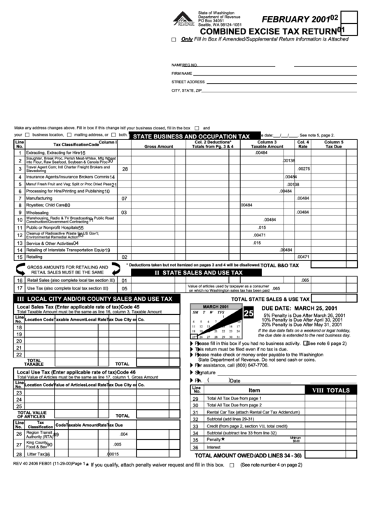 Combined Excise Tax Return Form - February 2001 Printable pdf