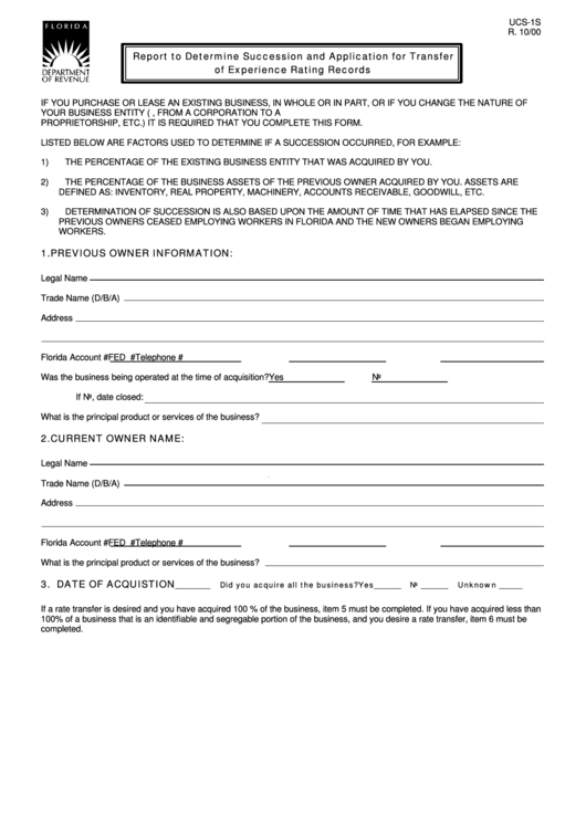 Form Ucs-1s - Report To Determine Succession And Application For Transfer Of Experience Rating Records - Florida Department Of Revenue Printable pdf