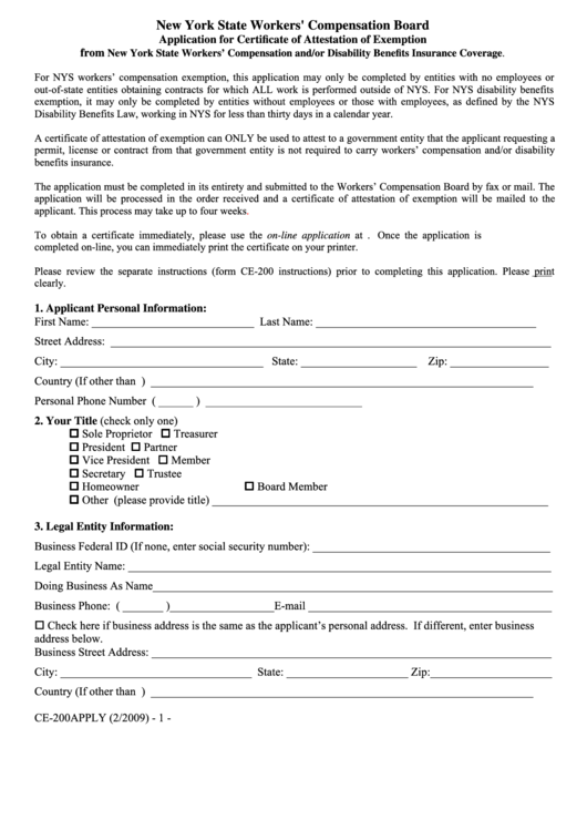 Application Form For Certificate Of Attestation Of Exemption From New York State Workers