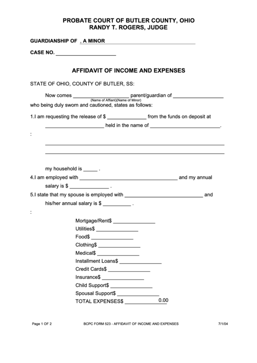 Fillable Bcpc Form 523 - Affidavit Of Income And Expenses - Butler County, Ohio Printable pdf