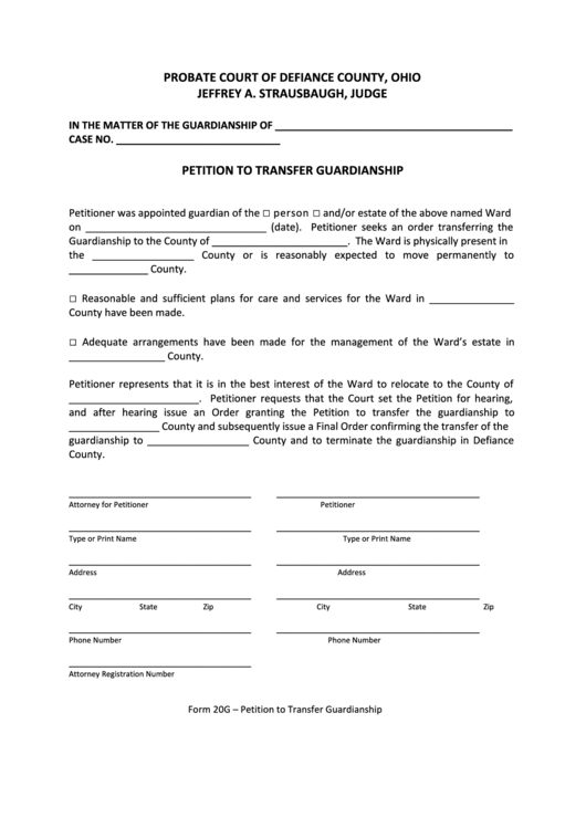 Fillable D.c. Form 20g - Petition To Transfer Guardianship - Defiance County, Ohio Printable pdf