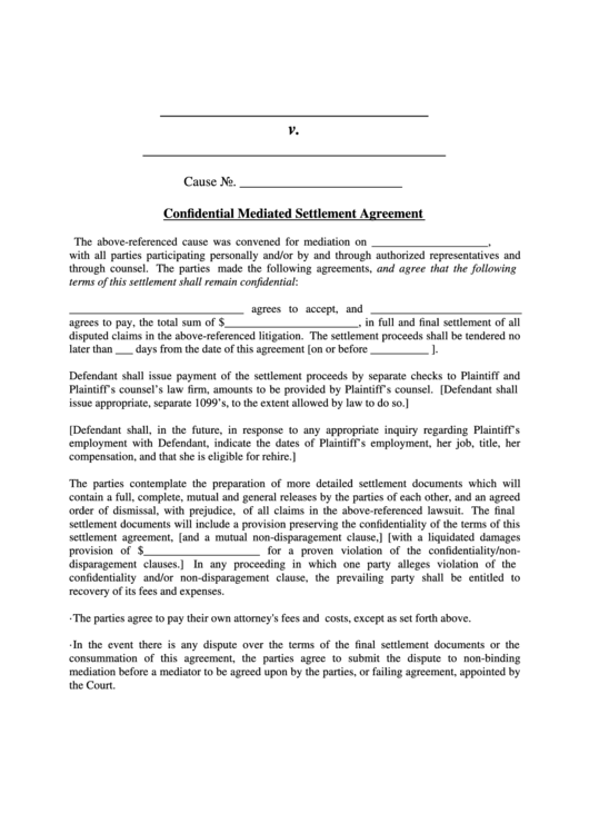 Confidential Mediated Settlement Agreement Form Printable pdf
