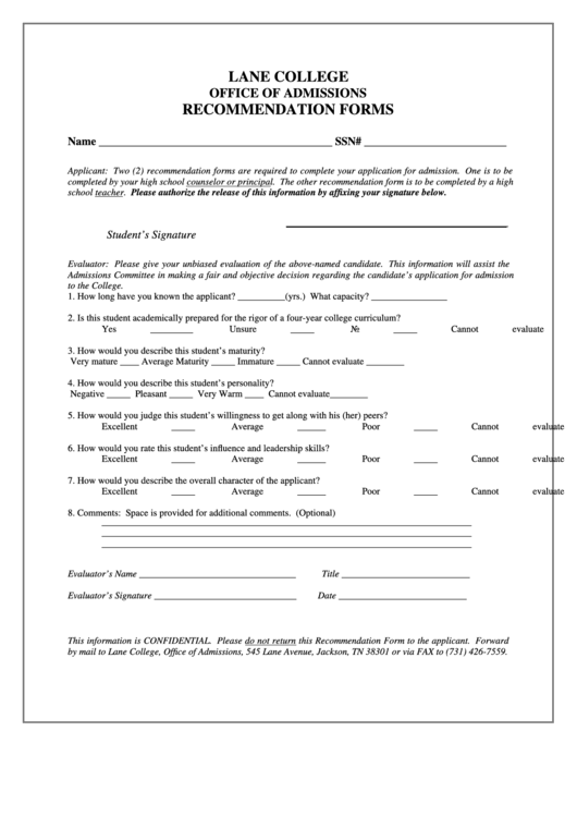 Recommendation Form - Lane College Office Of Admissions Printable pdf