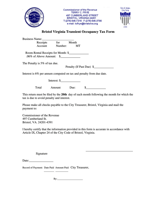 Bristol Virginia Transient Occupancy Tax Form - Virginia Commissioner Of The Revenue Printable pdf