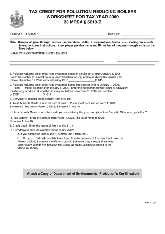 Tax Credit Form For Pollution-Reducing Boilers Worksheet For Tax Year 2009 Printable pdf