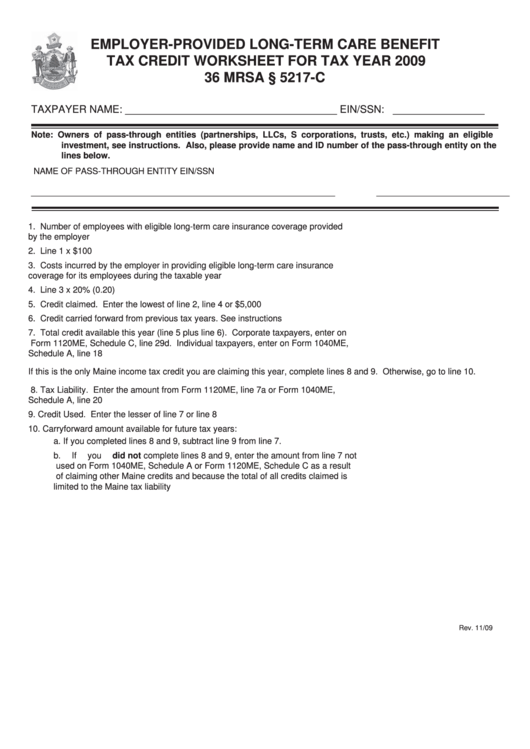 Employer-Provided Long-Term Care Benefits Tax Credit Worksheet For Tax Year 2009 Printable pdf