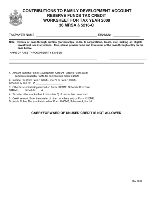 Contributions To Family Development Account Reserve Funds Tax Credit Worksheet - 2009 Printable pdf