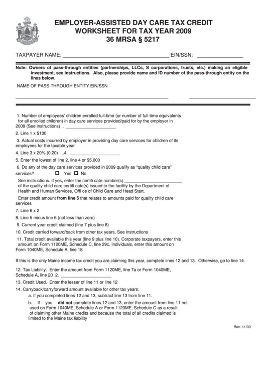 Employer-Assisted Day Care Tax Credit Worksheet For Tax Year 2009 Printable pdf
