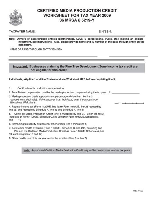 Certified Media Production Credit Worksheet Form For Tax Year - 2009 Printable pdf