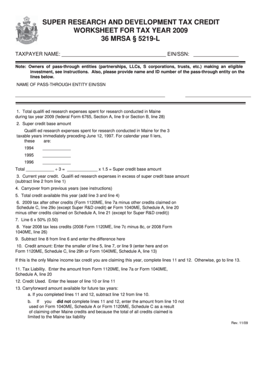 Super Research And Development Tax Credit Worksheet - 2009 Printable pdf