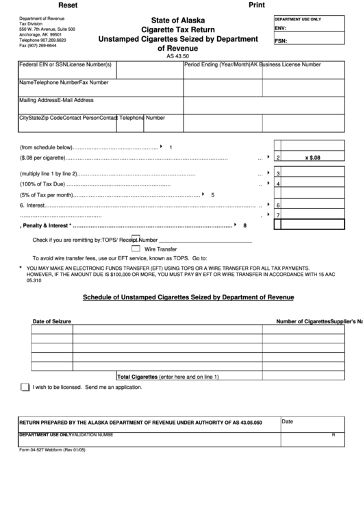 Fillable Form 04-527 - Cigarette Tax Return Printable pdf
