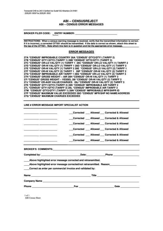Fillable Abi - Census Reject Form - Abi - Census Error Messages Printable pdf