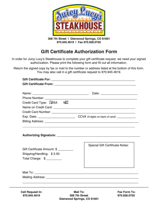 Gift Certificate Authorization Form Printable pdf