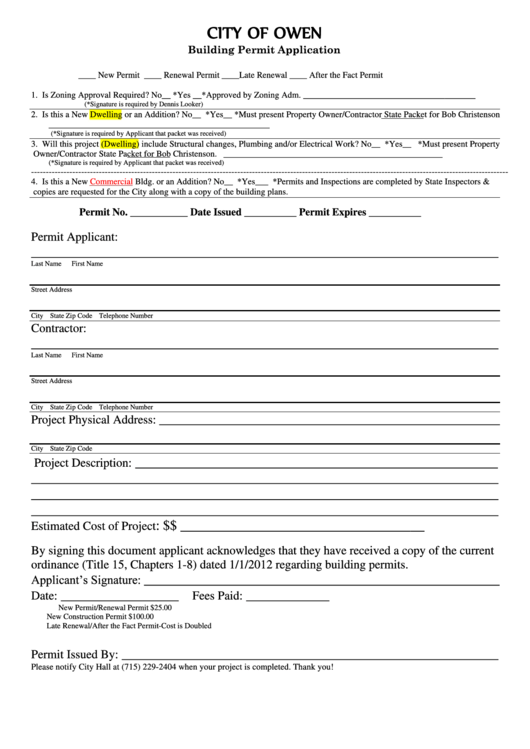 Building Permit Application Form - City Of Owen, Wisconsin Printable pdf