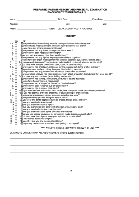 Preparticipation History And Physical Examination Form - Clark County Youth Football Printable pdf