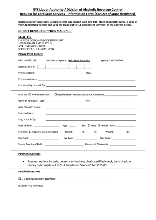 Sla Form Fpl1 - Request Form For Fingerprinting Services - Out Of State Residents Only 2010 Printable pdf