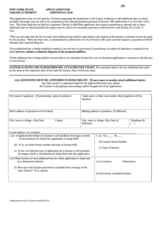 Form 70-Ab-022511 - Additional Bar Application 2011 Printable pdf