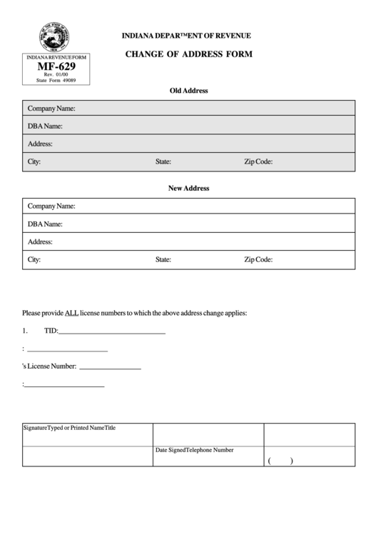 Form Mf-629 - Change Of Address Form Printable pdf