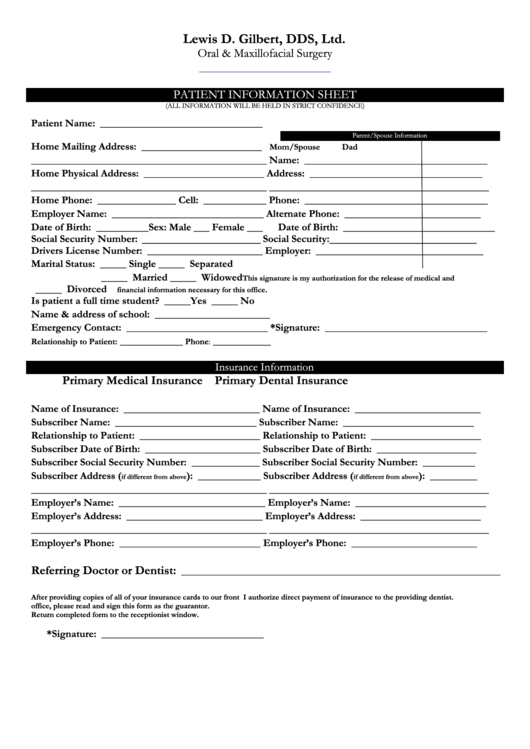 Patient Information Sheet-Insurance Information Form Printable pdf