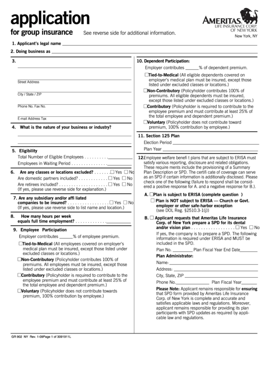 Fillable Form Gr 902 Ny - Application For Group Insurance Printable pdf