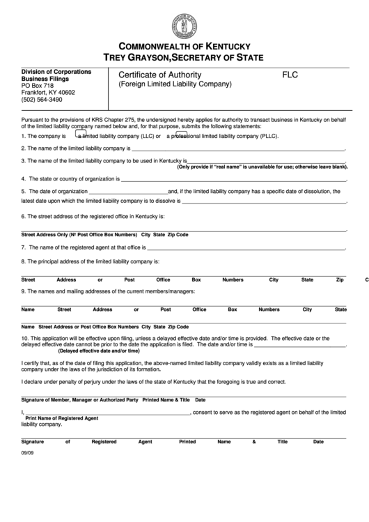 Fillable Form Flc - Certificate Of Authority Flc (Foreign Limited Liability Company) Printable pdf