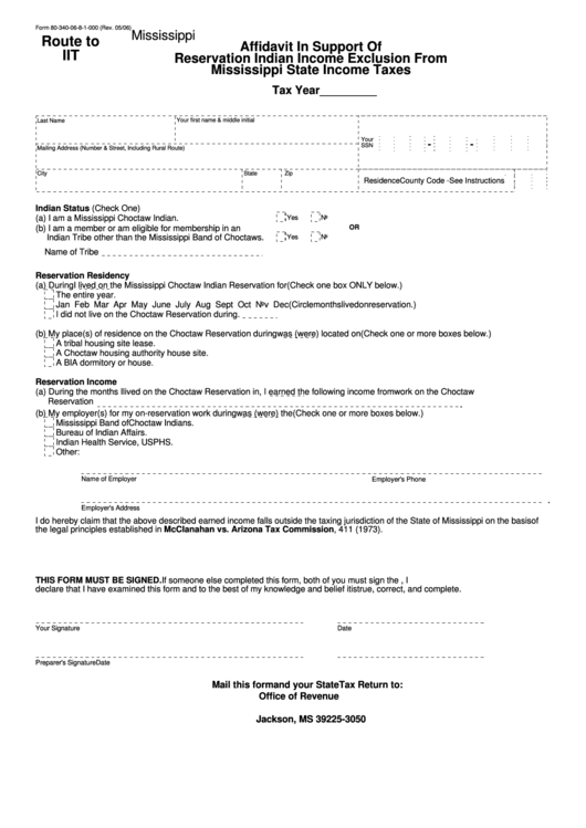 Form 80-340-06-8-1-000 - Affidavit In Support Of Reservation Indian Income Exclusion From Mississippi State Income Taxes - 2006 Printable pdf