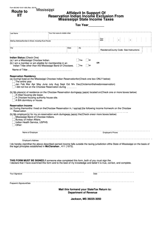 Fillable Form 80-340-10-8-1-000 - Affidavit In Support Of Reservation Indian Income Exclusion From Mississippi State Income Taxes - 2010 Printable pdf