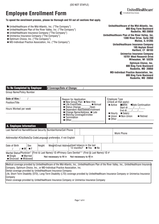 Form Sb.ee.10.va - Employee Enrollment Form - 2010 Printable pdf