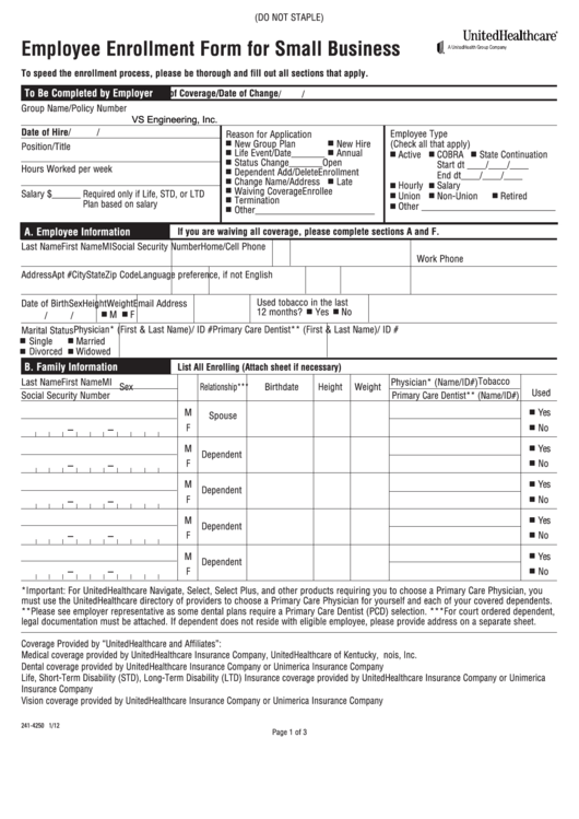 Form Sb.ee.10.in - Employee Enrollment Form For Small Business - 2010 Printable pdf