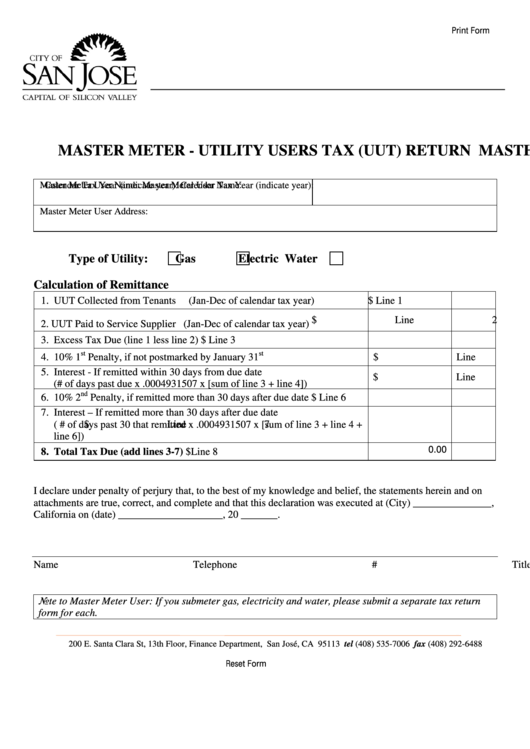 Fillable Master Meter - Utility Users Tax (Uut) Return Form - San Jose, Ca Printable pdf