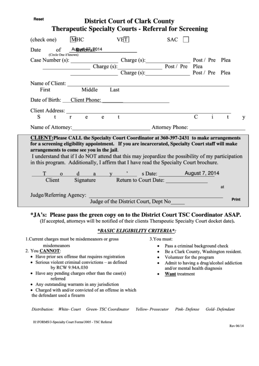 Fillable Form Dc 3005 - Therapeutic Specialty Courts - Referral For Screening 2014 Printable pdf