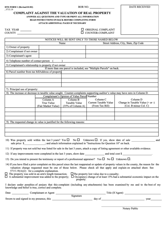 Fillable Dte Form 1 - Complaint Against The Valuation Of Real Property 2002 Printable pdf