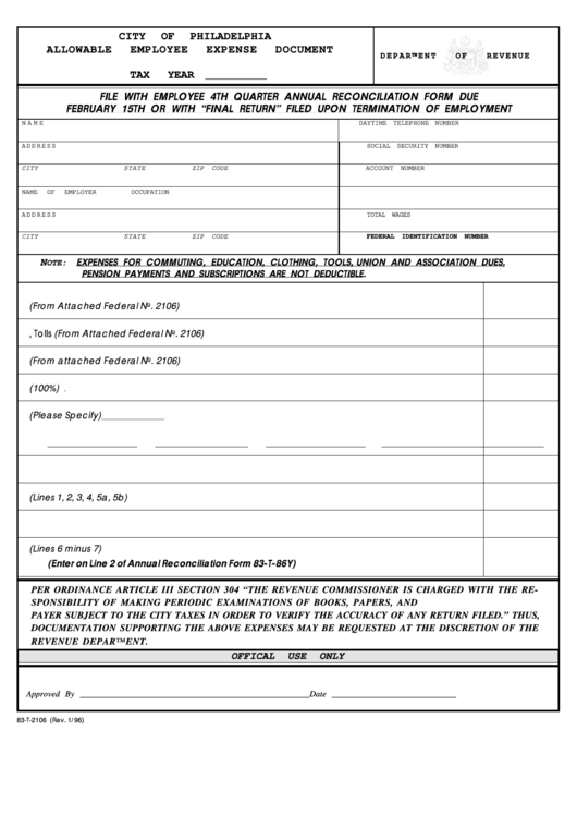 Form 83-T-2106 - Allowable Employee Expense Document Printable pdf