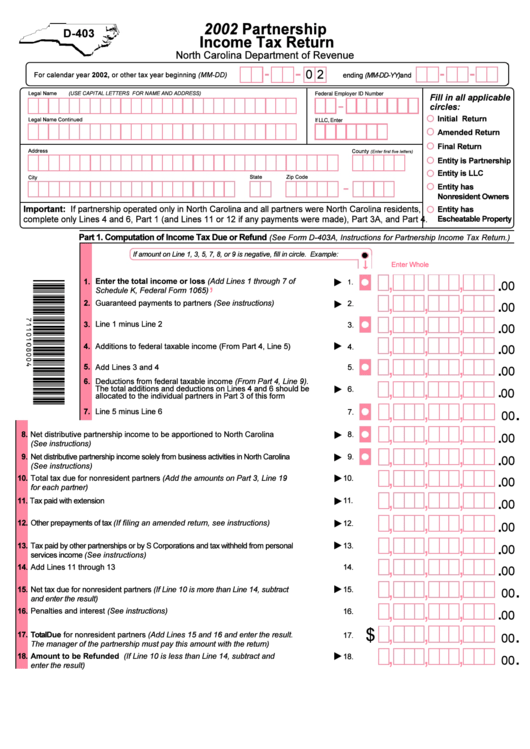 Form D-403 - Partnership Income Tax Return - 2002 Printable pdf