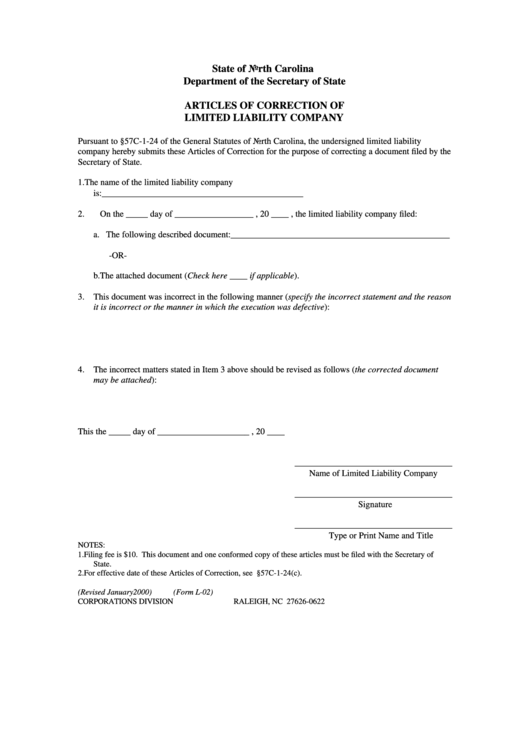 Form L-02 - Articles Of Correction Of Limited Liability Company Printable pdf