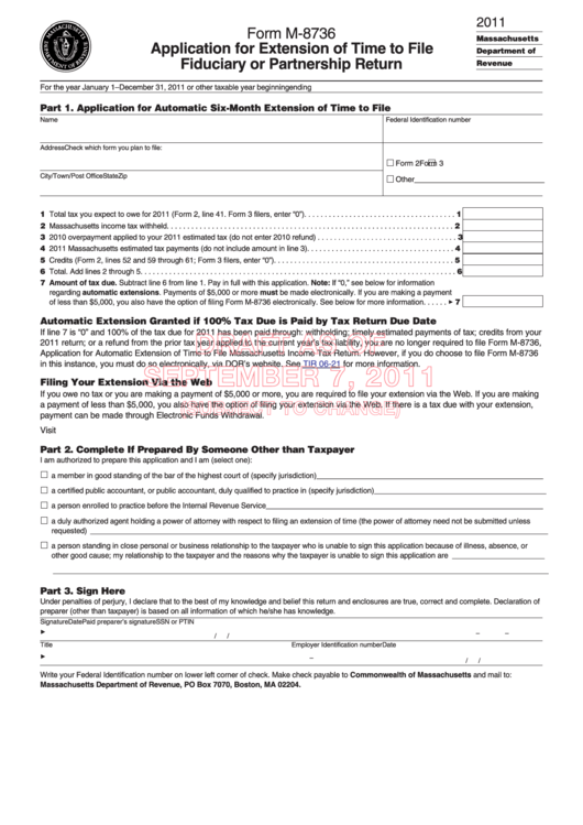 Form M-8736 Draft - Application For Extension Of Time To File Fiduciary Or Partnership Return - 2011 Printable pdf