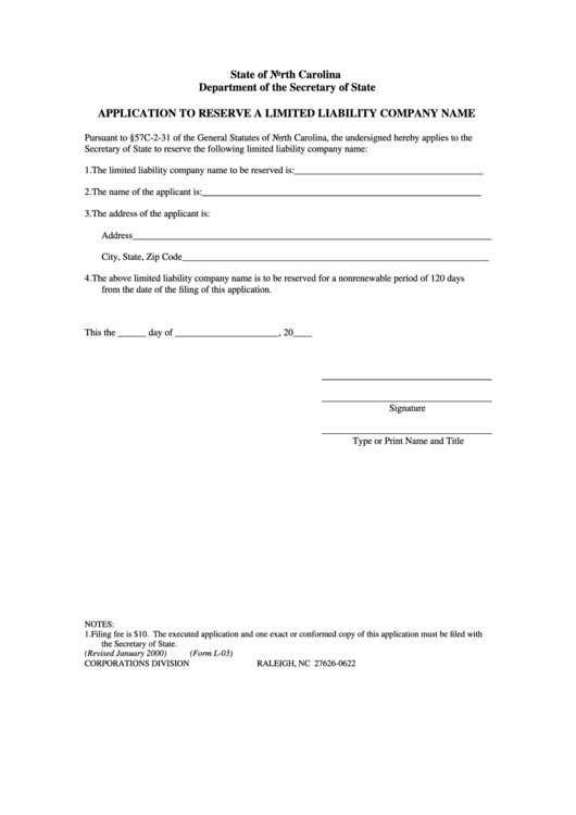 Form L-03 - Application To Reserve A Limited Liability Company Name Printable pdf