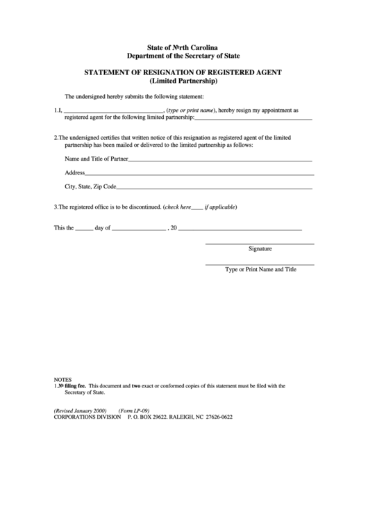Form Lp-09 - Statement Of Resignation Of Registered Agent Printable pdf