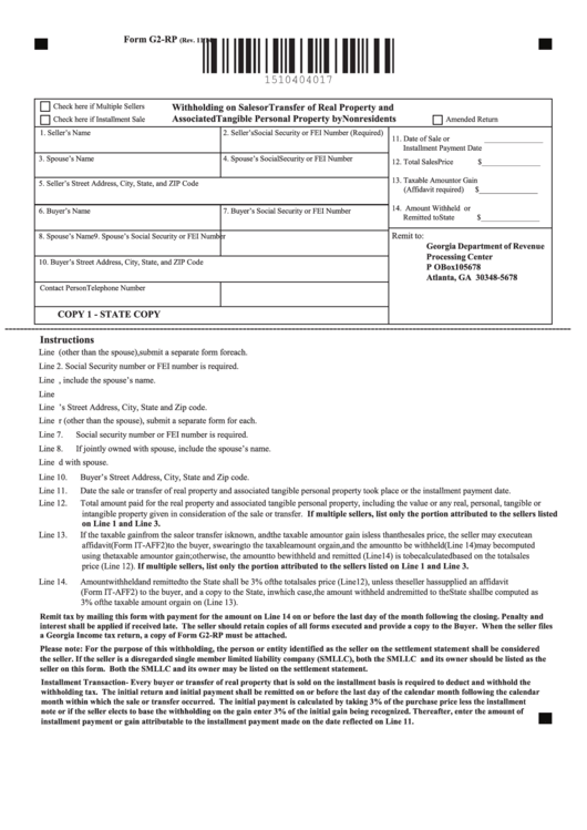 Fillable Form G2-Rp - Withholding On Sales Or Transfer Of Real Property And Associated Tangible Personal Property By Nonresidents Printable pdf