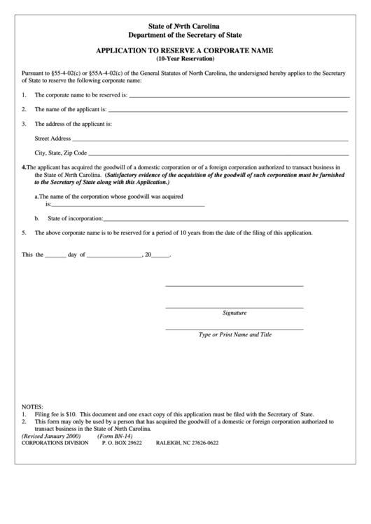 Form Bn-14 - Application To Reserve A Corporate Name (10-Year Reservation) Printable pdf