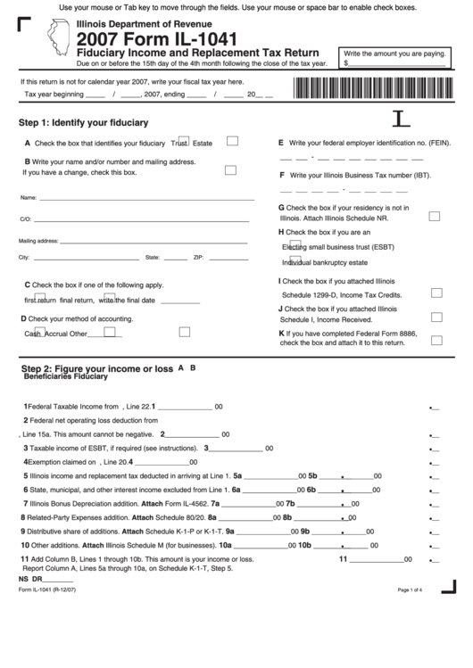 Fillable Form Il-1041 - Fiduciary Income And Replacement Tax Return - 2007 Printable pdf