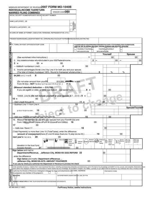 Form Mo-1040b - Individual Income Tax Return Married Filing Combined - 2007 Printable pdf