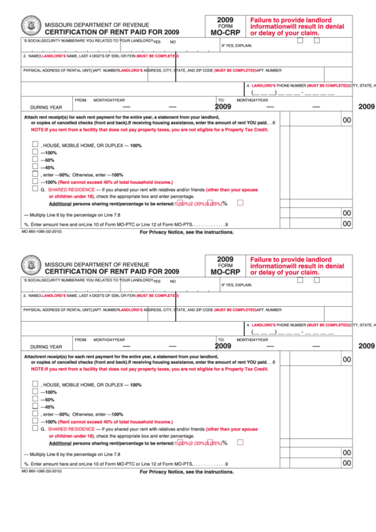 Fillable Form Mo-Crp - Certification Of Rent Paid For 2009 Printable pdf