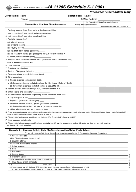 Form Ia 1120s - Schedule K-1 - Nonresident Shareholder Only - 2001 Printable pdf