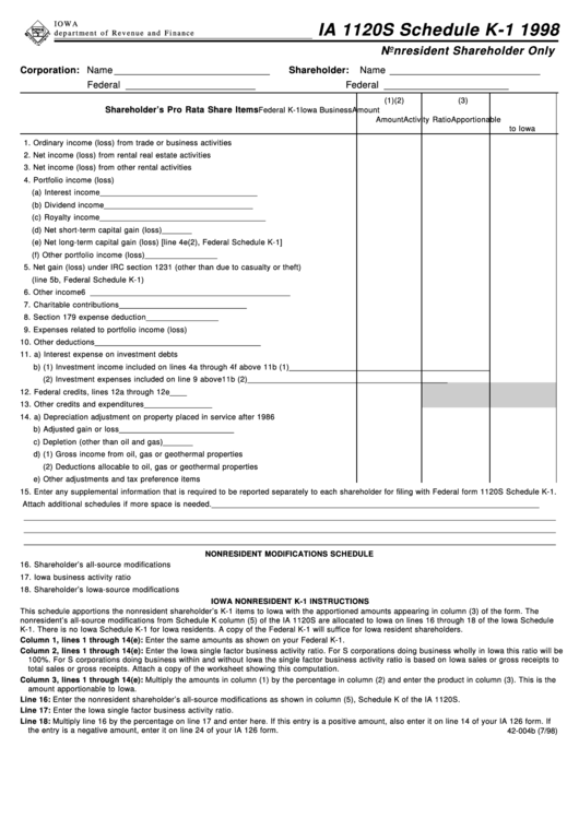 Fillable Form 1120s Schedule K-1 - Nonresident Shareholder Only - 1998 Printable pdf