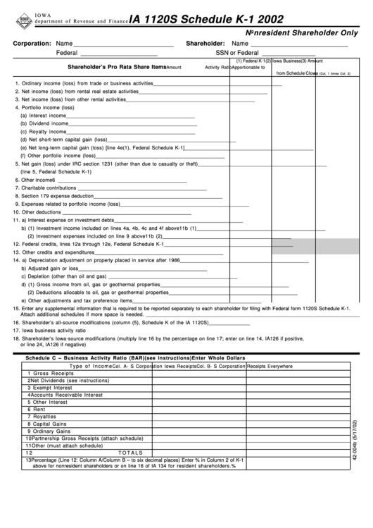 Form Ia 1120s - Schedule K-1 - Nonresident Shareholder Only - 2002 Printable pdf