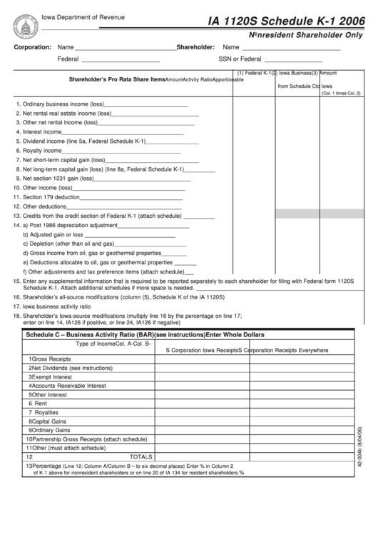 Fillable Form Ia 1120s - Schedule K-1 - Nonresident Shareholder Only - 2006 Printable pdf