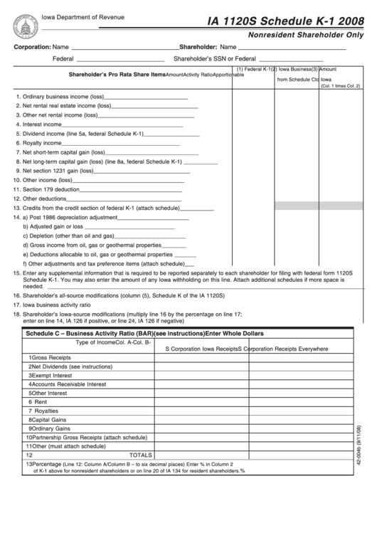 Fillable Form Ia 1120s - Schedule K-1 - Nonresident Shareholder Only - 2008 Printable pdf